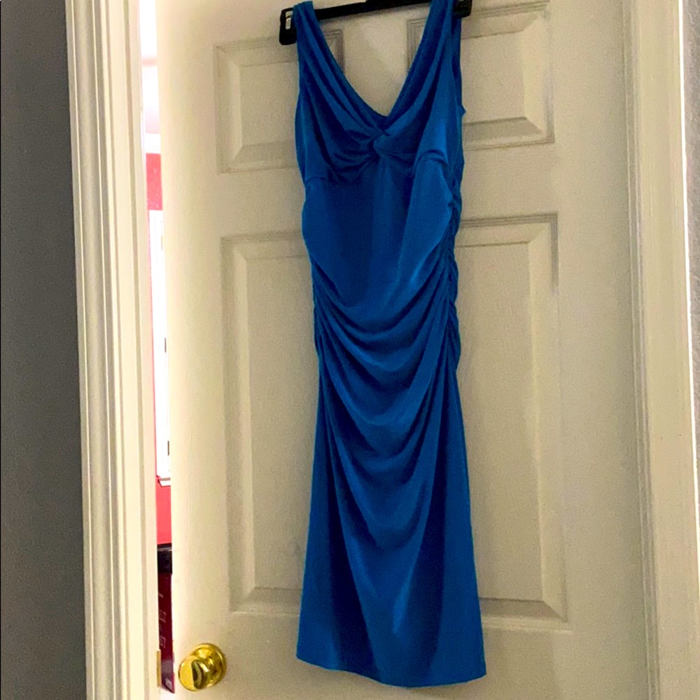Blue sleeveless dress with ruched sides